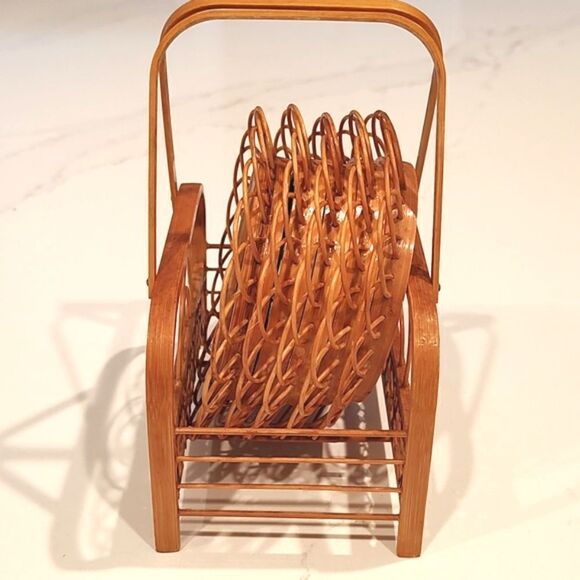 Vintage Bamboo Rattan Hibiscus Flower Set of 5 Coasters with Caddy - Picture 11 of 14